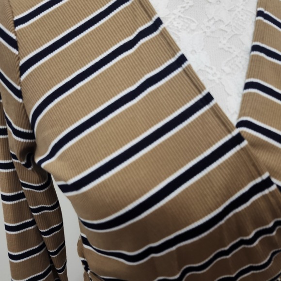 NWT Final Touch Ribbed Knit Tie Front Top M Tan Black White Stripes USA Made‎ - Picture 3 of 10